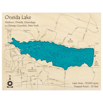 Bathymetric topo map of Oneida Lake with roads, towns and depths noted in blue water