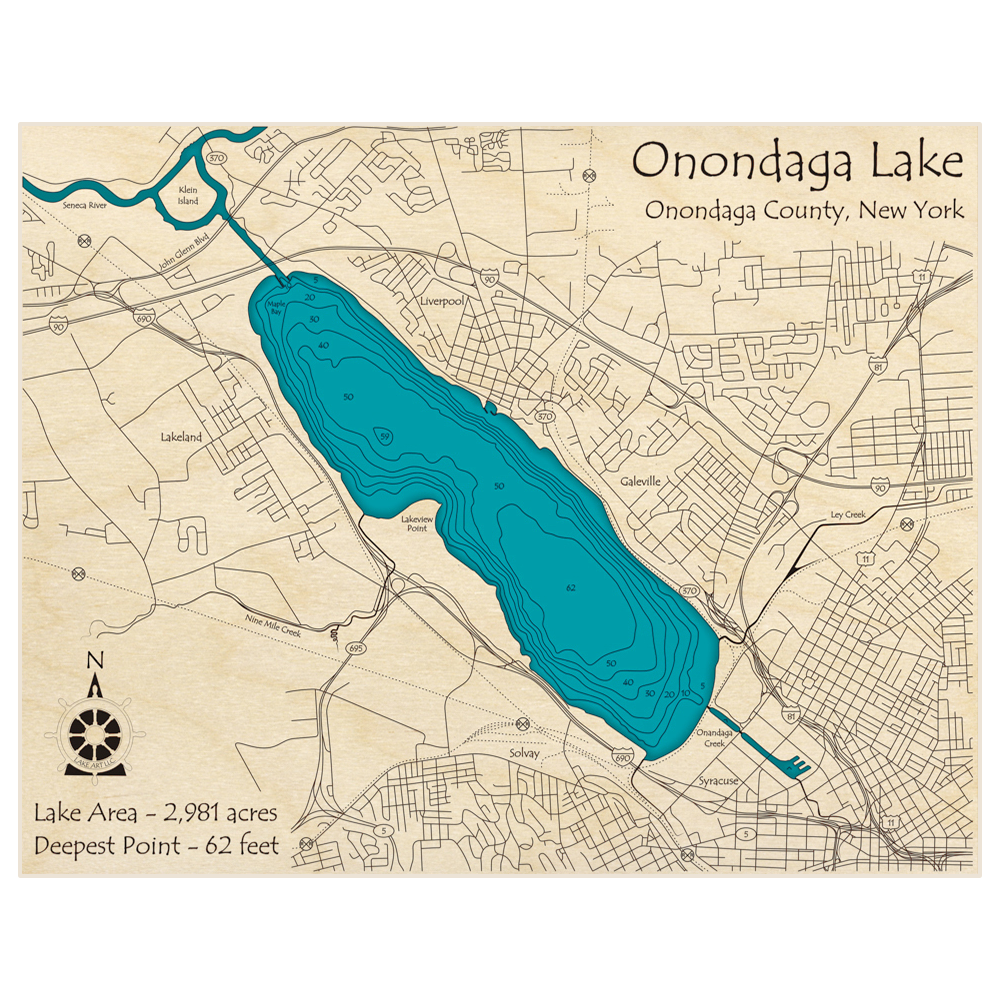 Bathymetric topo map of Onondaga Lake with roads, towns and depths noted in blue water