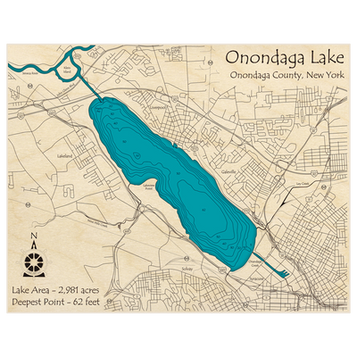 Bathymetric topo map of Onondaga Lake with roads, towns and depths noted in blue water