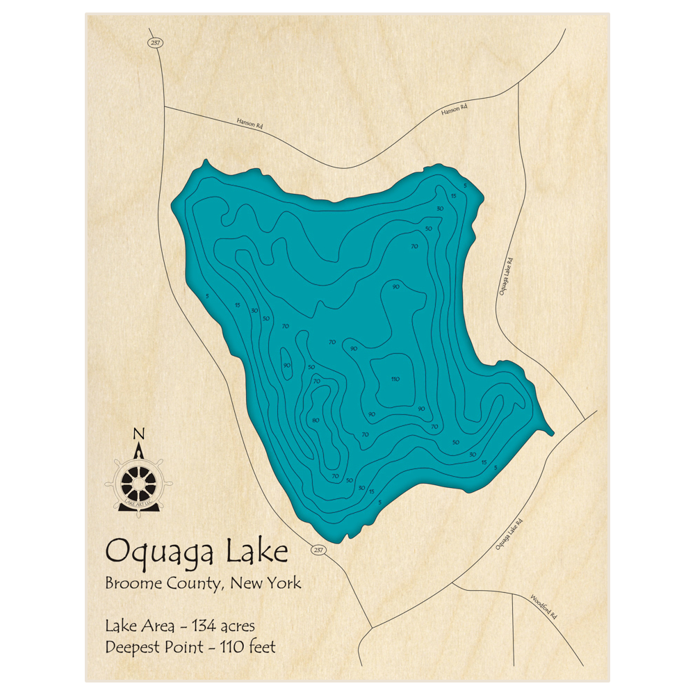 Bathymetric topo map of Oquaga Lake with roads, towns and depths noted in blue water