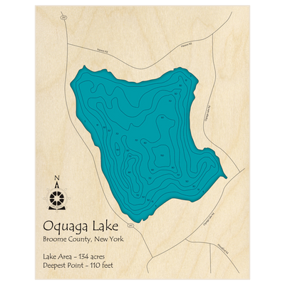 Bathymetric topo map of Oquaga Lake with roads, towns and depths noted in blue water