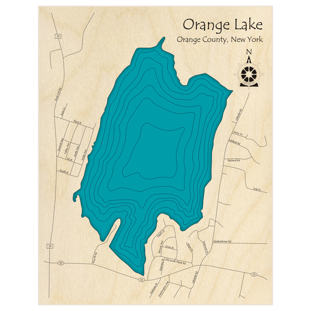 Bathymetric topo map of Orange Lake  with roads, towns and depths noted in blue water