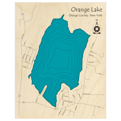 Bathymetric topo map of Orange Lake  with roads, towns and depths noted in blue water