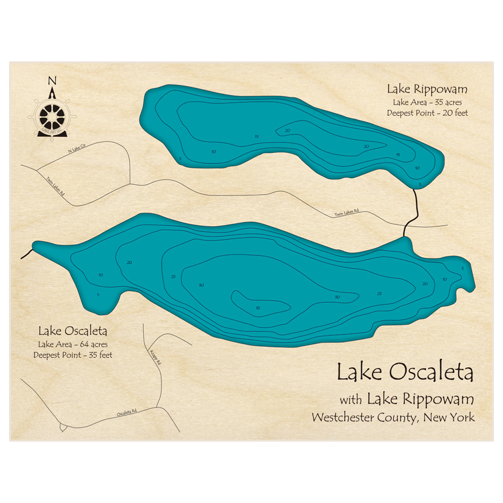 Bathymetric topo map of Lake Oscaleta with Lake Rippowam with roads, towns and depths noted in blue water