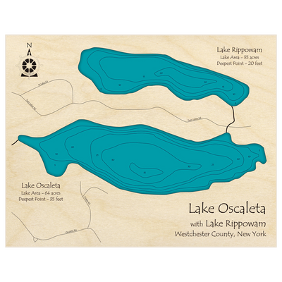 Bathymetric topo map of Lake Oscaleta with Lake Rippowam with roads, towns and depths noted in blue water