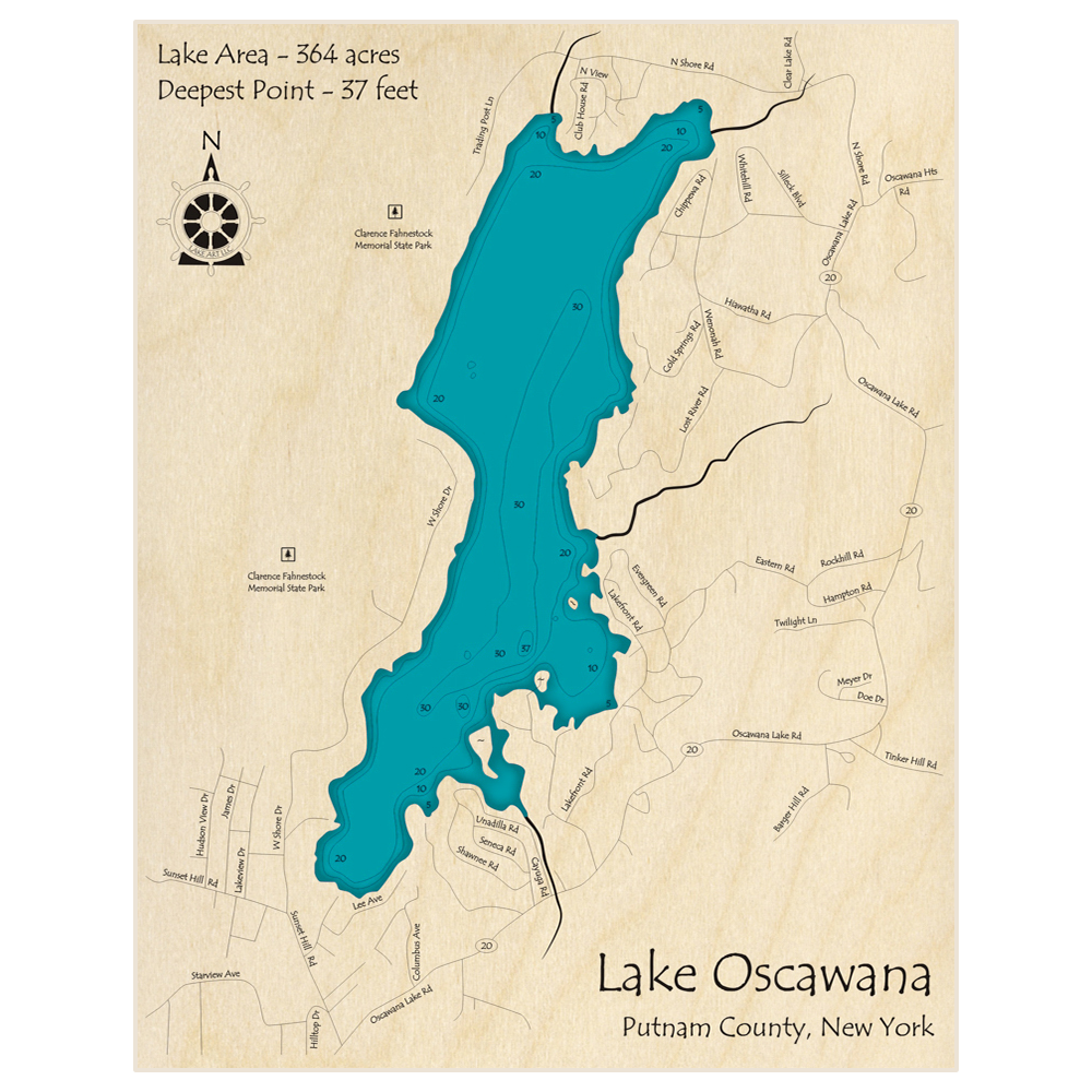 Bathymetric topo map of Lake Oscawana with roads, towns and depths noted in blue water