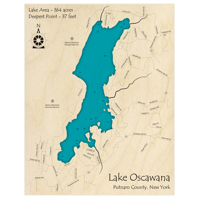 Bathymetric topo map of Lake Oscawana with roads, towns and depths noted in blue water