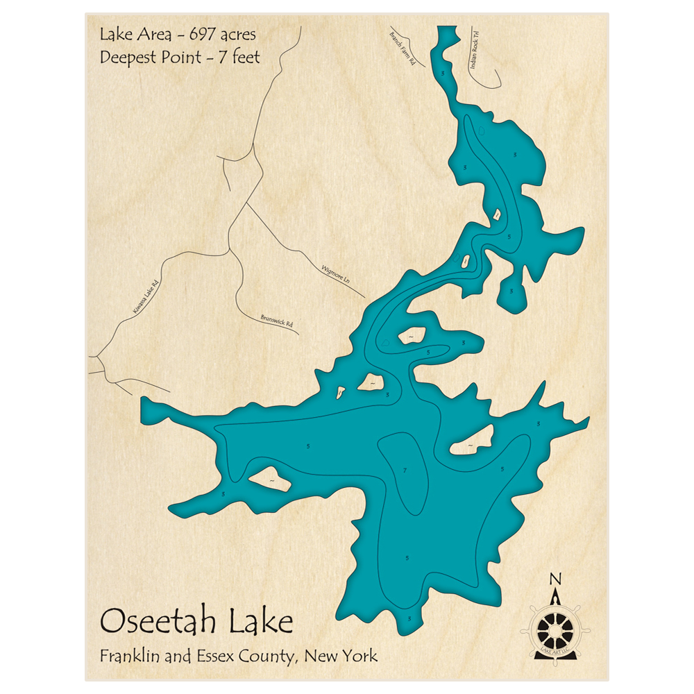 Bathymetric topo map of Oseetah Lake with roads, towns and depths noted in blue water