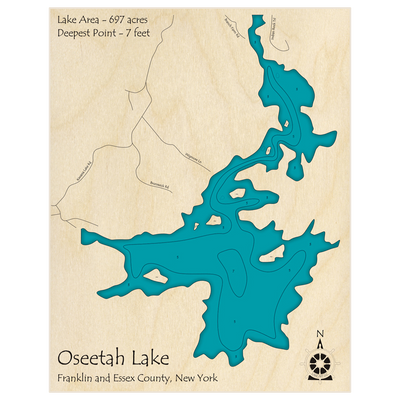 Bathymetric topo map of Oseetah Lake with roads, towns and depths noted in blue water