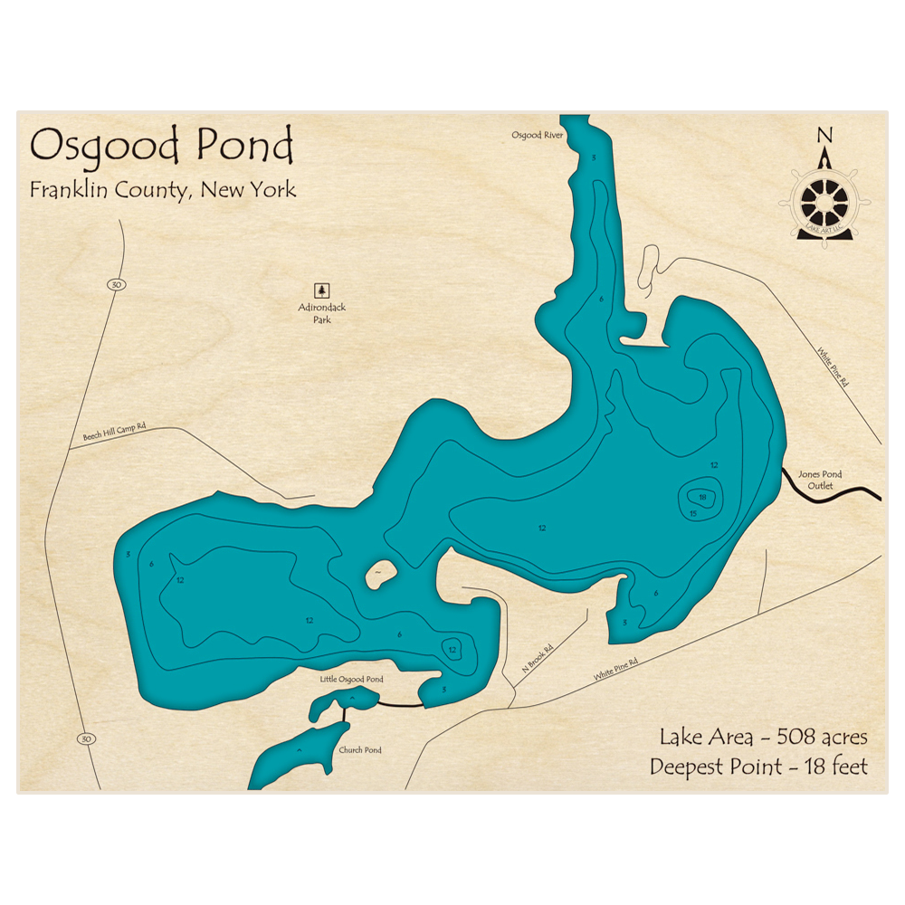 Bathymetric topo map of Osgood Pond with roads, towns and depths noted in blue water