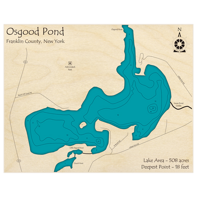 Bathymetric topo map of Osgood Pond with roads, towns and depths noted in blue water