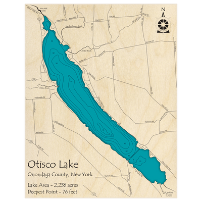 Bathymetric topo map of Otisco Lake with roads, towns and depths noted in blue water