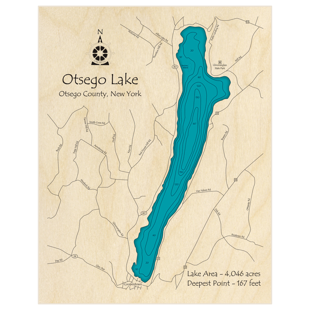 Bathymetric topo map of Otsego Lake with roads, towns and depths noted in blue water