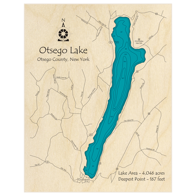 Bathymetric topo map of Otsego Lake with roads, towns and depths noted in blue water