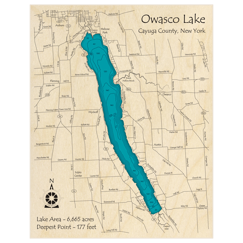 Bathymetric topo map of Owasco Lake with roads, towns and depths noted in blue water