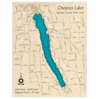 Bathymetric topo map of Owasco Lake with roads, towns and depths noted in blue water