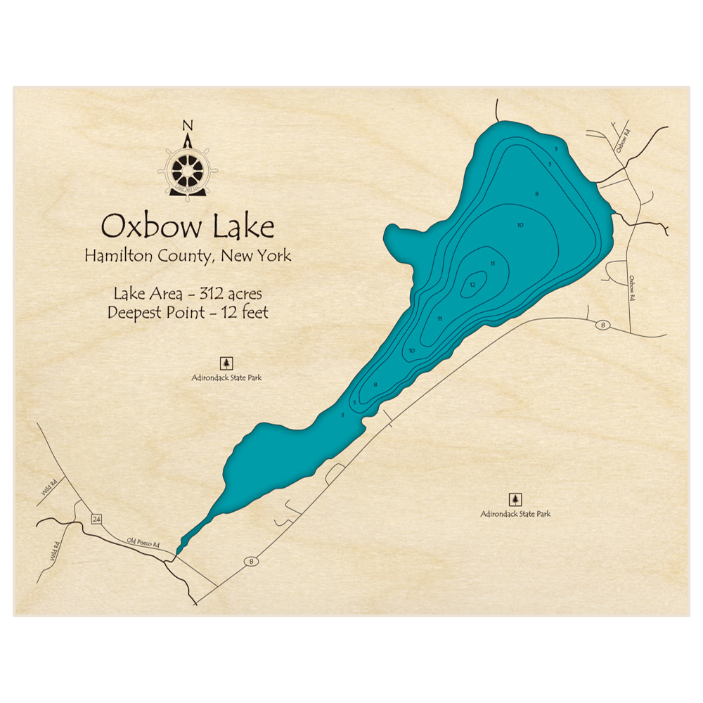 Bathymetric topo map of Oxbow Lake with roads, towns and depths noted in blue water