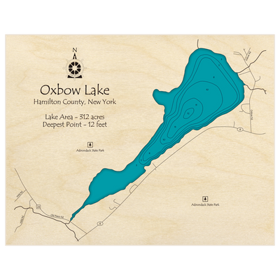 Bathymetric topo map of Oxbow Lake with roads, towns and depths noted in blue water