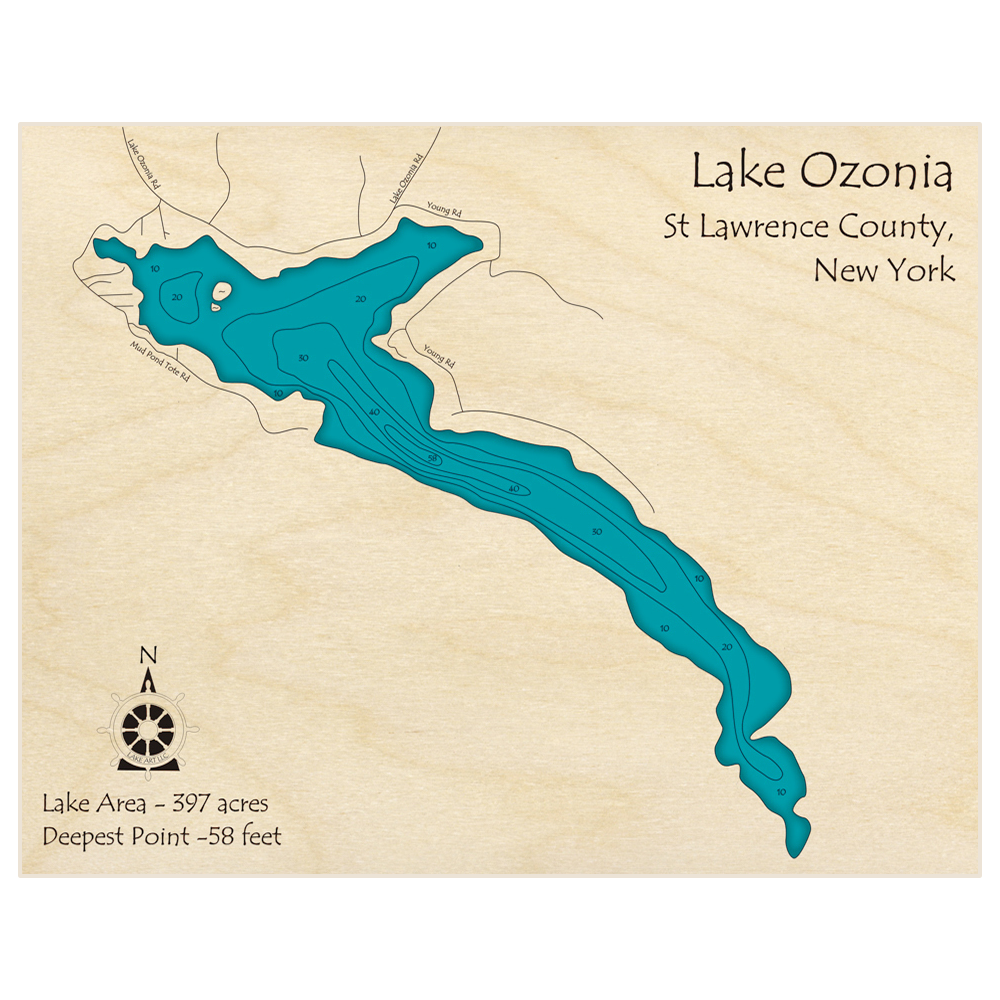 Bathymetric topo map of Lake Ozonia with roads, towns and depths noted in blue water