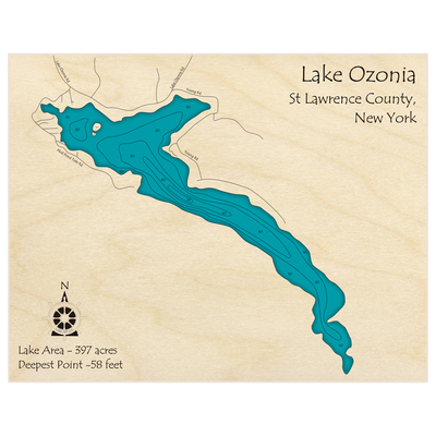 Bathymetric topo map of Lake Ozonia with roads, towns and depths noted in blue water