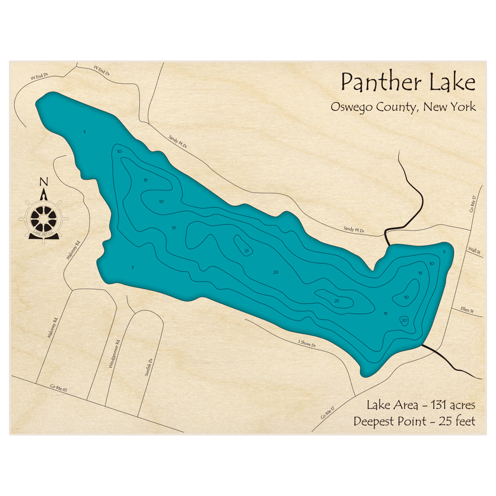 Bathymetric topo map of Panther Lake with roads, towns and depths noted in blue water