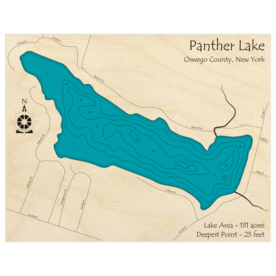 Bathymetric topo map of Panther Lake with roads, towns and depths noted in blue water