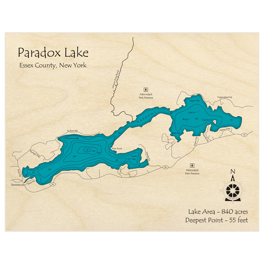 Bathymetric topo map of Paradox Lake with roads, towns and depths noted in blue water