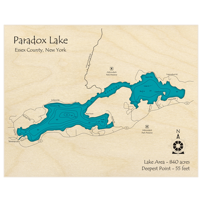 Bathymetric topo map of Paradox Lake with roads, towns and depths noted in blue water