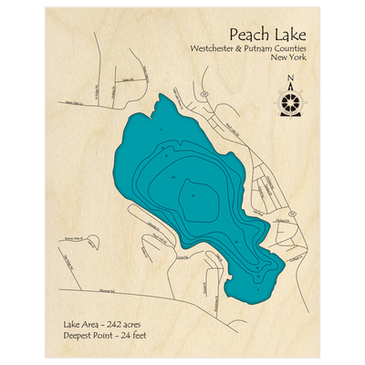 Bathymetric topo map of Peach Lake with roads, towns and depths noted in blue water