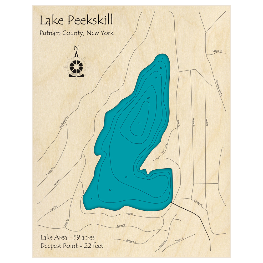 Bathymetric topo map of Lake Peekskill with roads, towns and depths noted in blue water