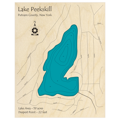 Bathymetric topo map of Lake Peekskill with roads, towns and depths noted in blue water