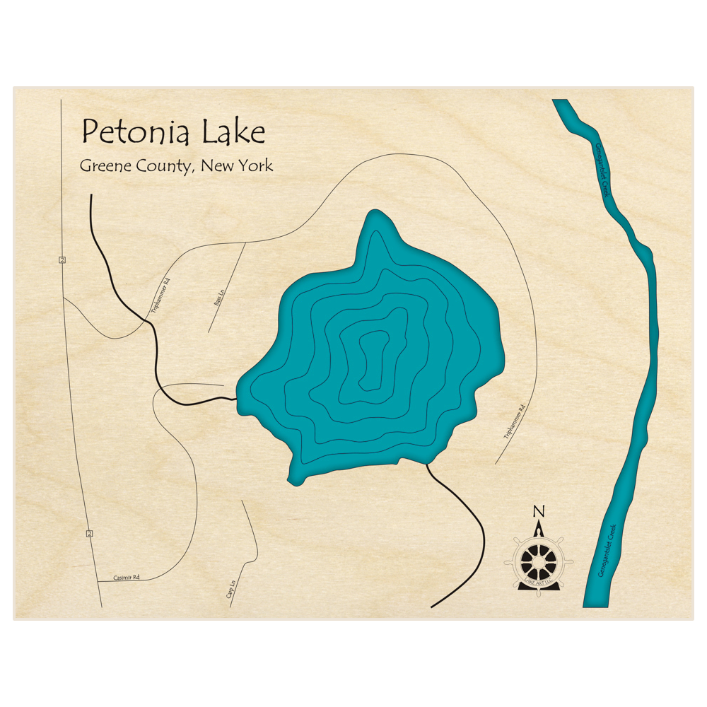 Bathymetric topo map of Petonia Lake  with roads, towns and depths noted in blue water