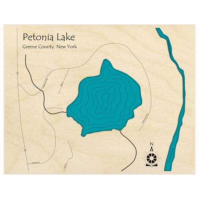 Bathymetric topo map of Petonia Lake  with roads, towns and depths noted in blue water