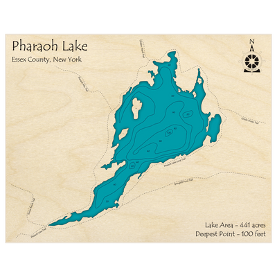 Bathymetric topo map of Pharaoh Lake with roads, towns and depths noted in blue water