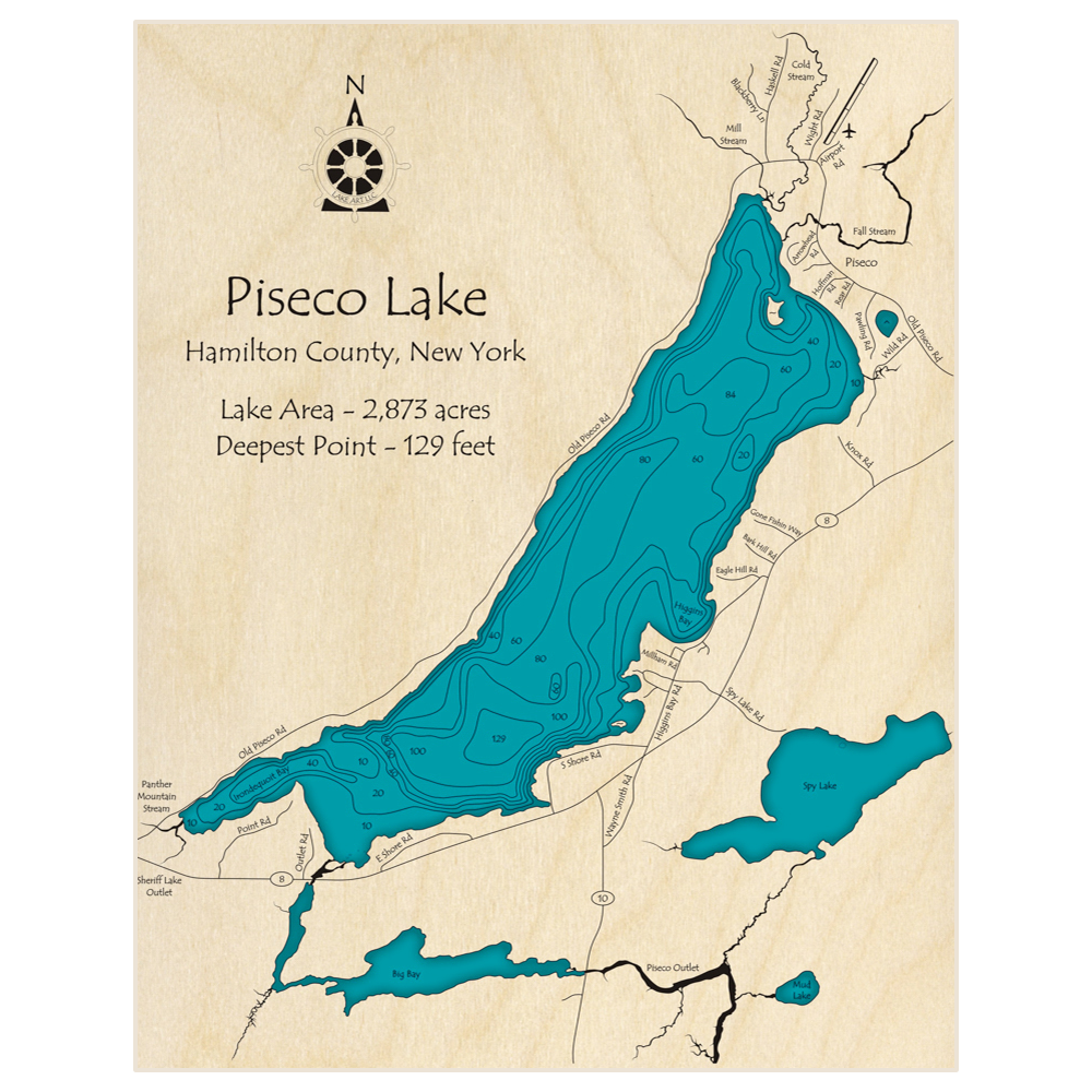 Bathymetric topo map of Piseco Lake with roads, towns and depths noted in blue water