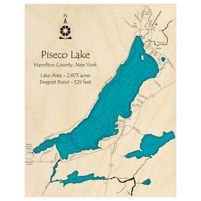 Bathymetric topo map of Piseco Lake with roads, towns and depths noted in blue water