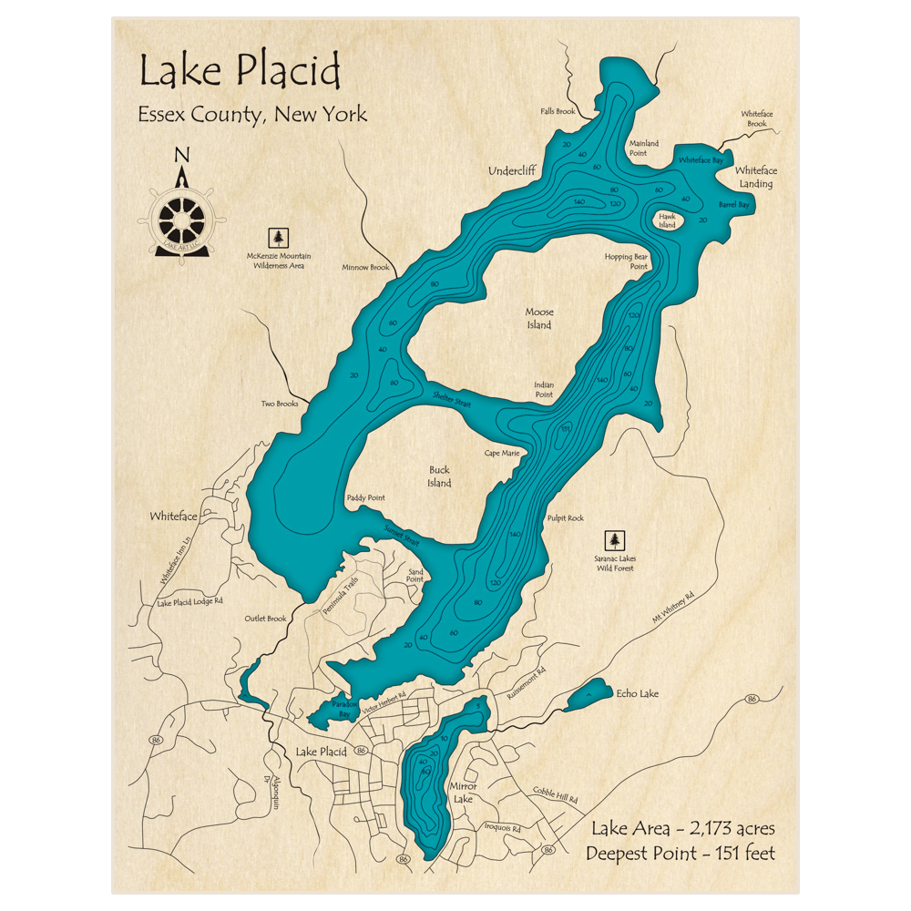 Bathymetric topo map of Lake Placid (With Mirror Lake) with roads, towns and depths noted in blue water