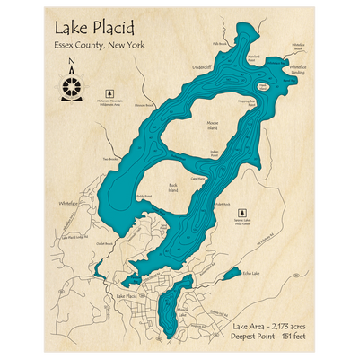 Bathymetric topo map of Lake Placid (With Mirror Lake) with roads, towns and depths noted in blue water