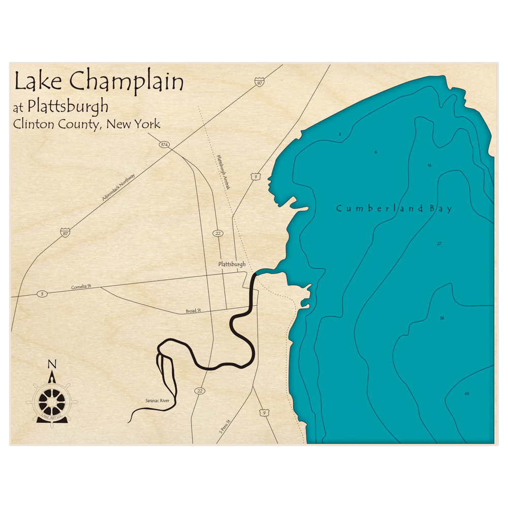 Bathymetric topo map of Lake Champlain (Plattsburgh Bay Region) with roads, towns and depths noted in blue water