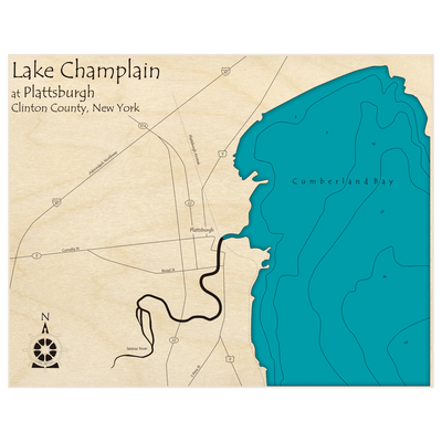 Bathymetric topo map of Lake Champlain (Plattsburgh Bay Region) with roads, towns and depths noted in blue water