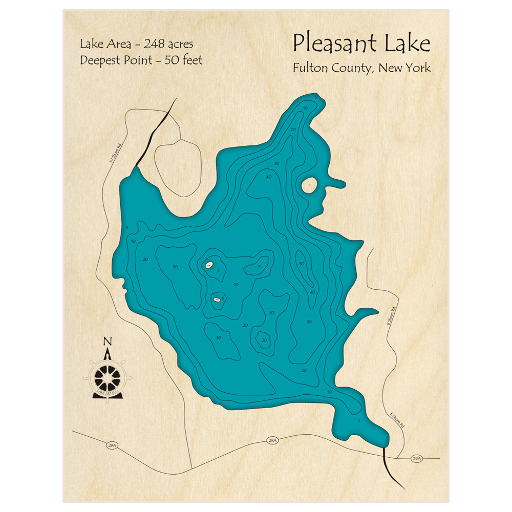 Bathymetric topo map of Pleasant Lake with roads, towns and depths noted in blue water