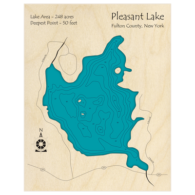 Bathymetric topo map of Pleasant Lake with roads, towns and depths noted in blue water