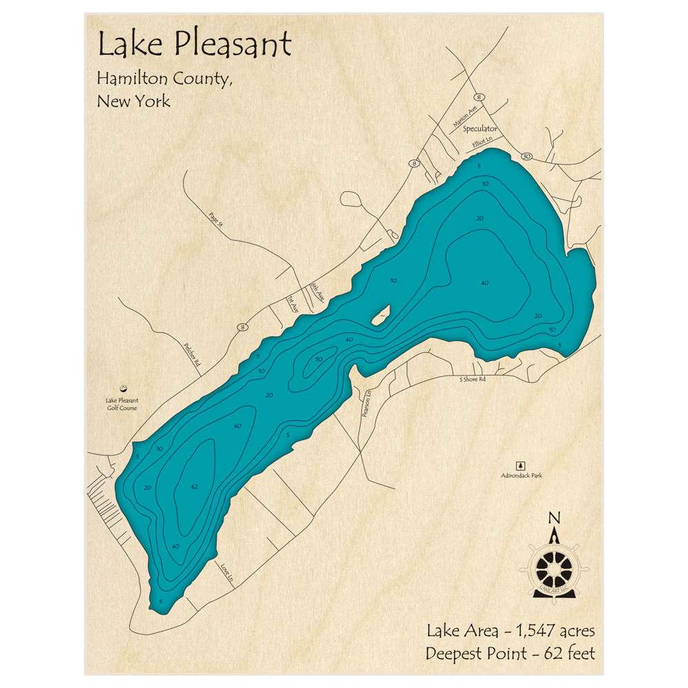 Bathymetric topo map of Lake Pleasant with roads, towns and depths noted in blue water