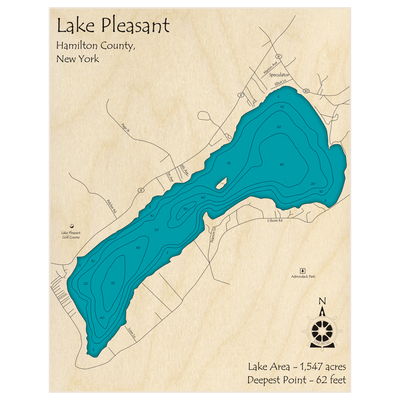 Bathymetric topo map of Lake Pleasant with roads, towns and depths noted in blue water