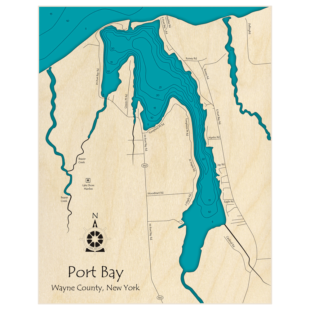 Bathymetric topo map of Port Bay with roads, towns and depths noted in blue water