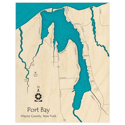 Bathymetric topo map of Port Bay with roads, towns and depths noted in blue water