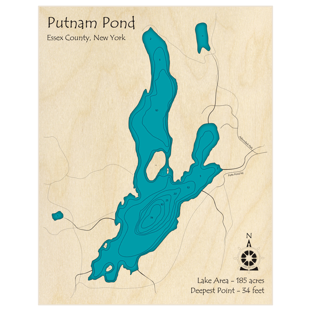 Bathymetric topo map of Putnam Pond with roads, towns and depths noted in blue water