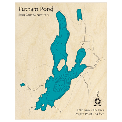 Bathymetric topo map of Putnam Pond with roads, towns and depths noted in blue water