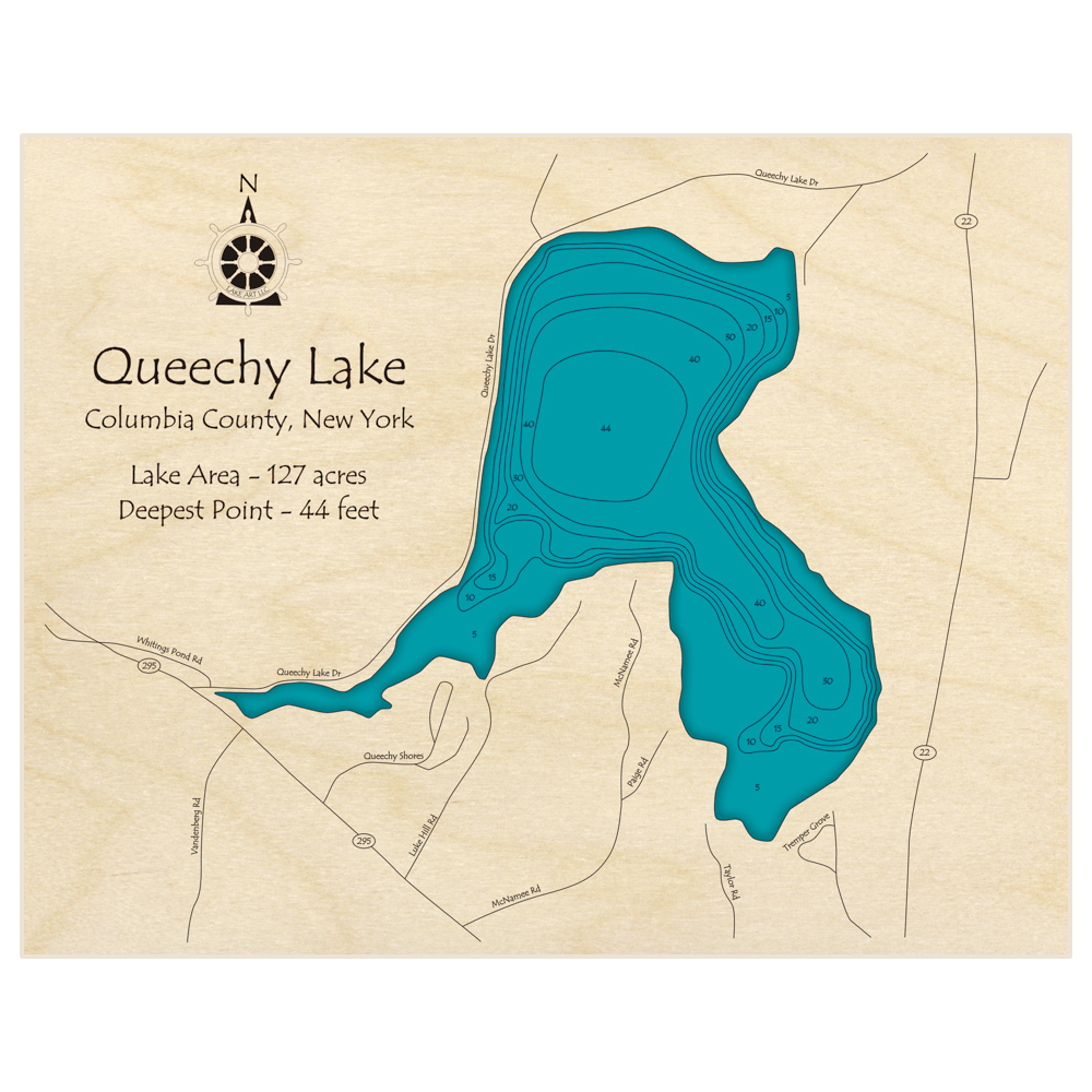 Bathymetric topo map of Queechy Lake with roads, towns and depths noted in blue water