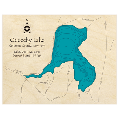 Bathymetric topo map of Queechy Lake with roads, towns and depths noted in blue water